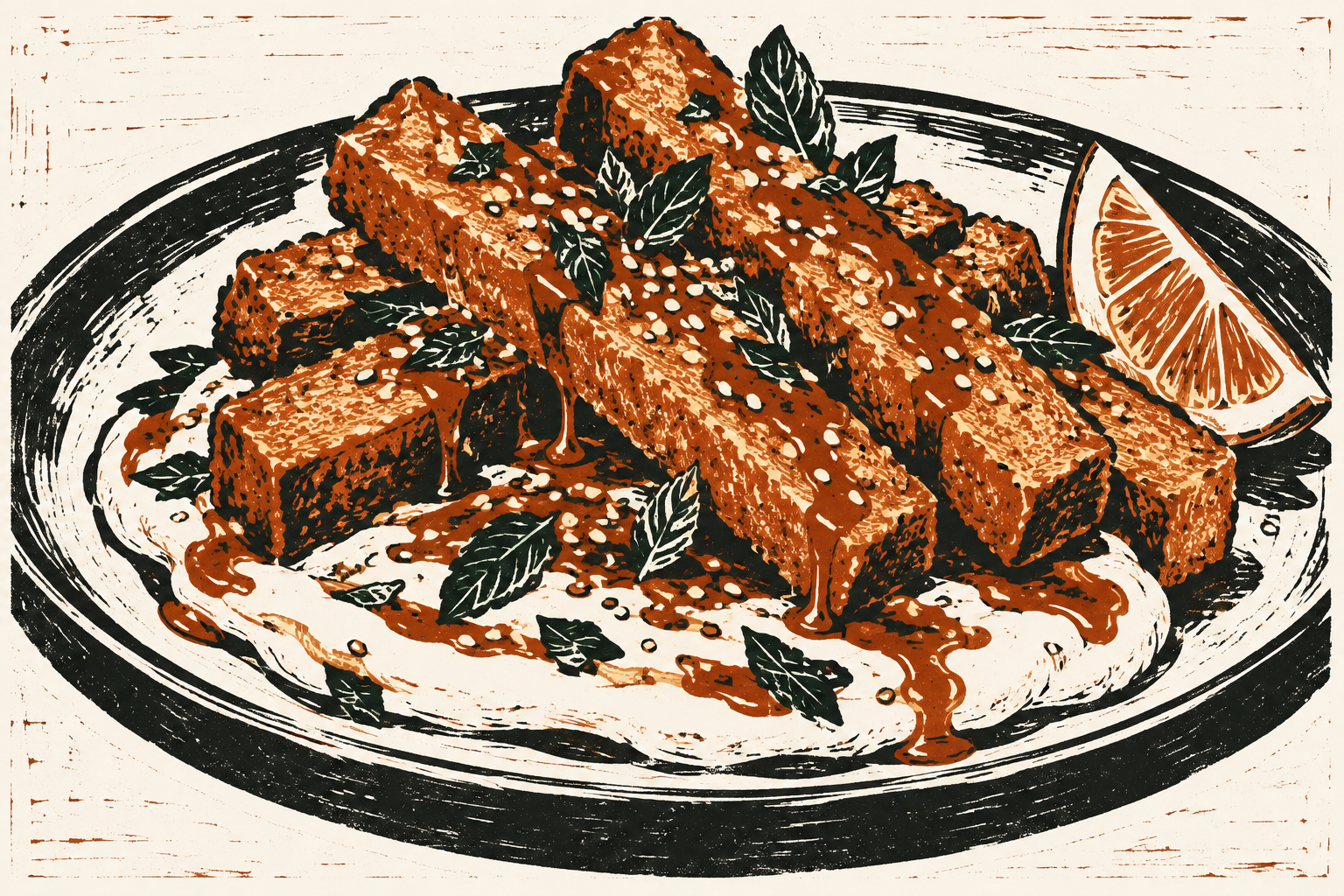Linocut-style illustration of crispy panisse batons piled over whipped labneh, drizzled with harissa honey and topped with sesame seeds and mint, with a lemon wedge alongside.